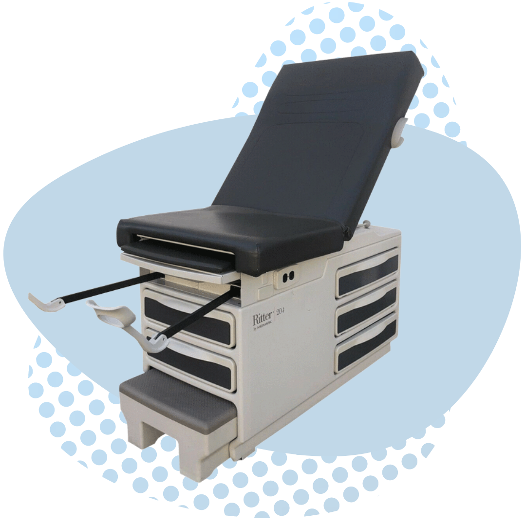 Midmark Ritter 204 Refurbished Exam Table, color black with stirrups. 