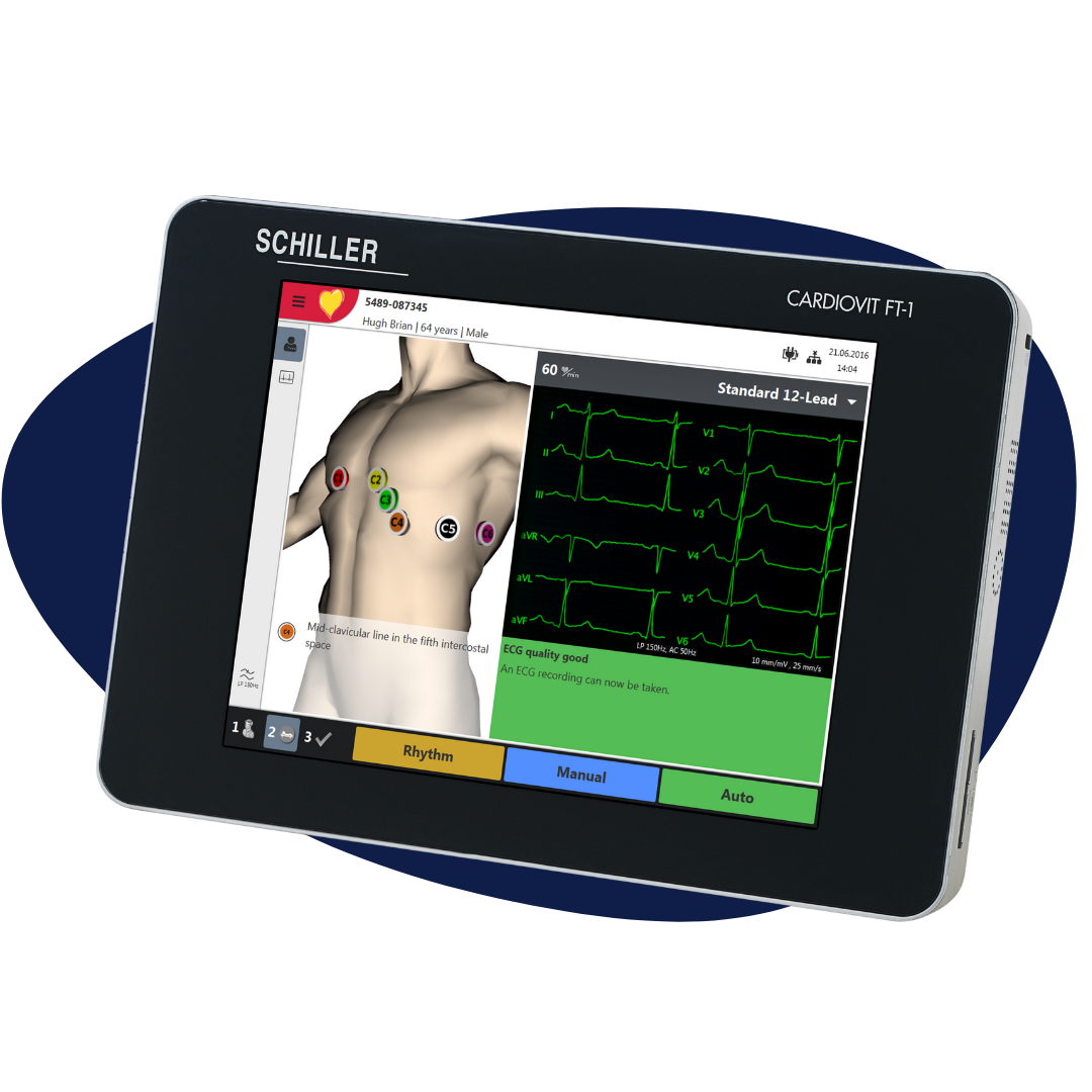 Ft-1 EKG Schiller Tablet Mode touchsceen with humanform and locations were to place the electrodes 
